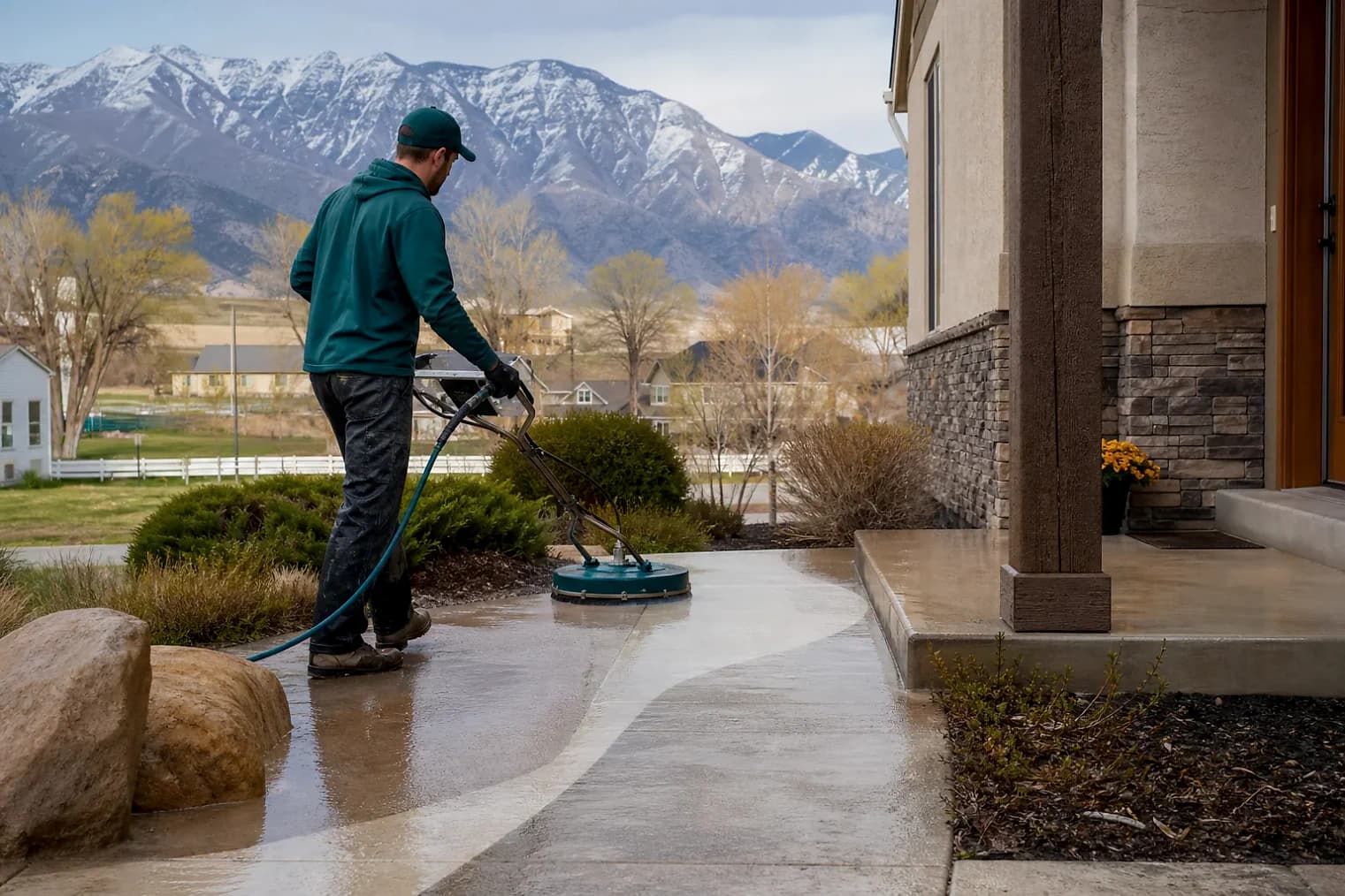 Exterior-cleaning scene inspired by Santaquin, Utah, with characteristic the Wasatch Front landscape