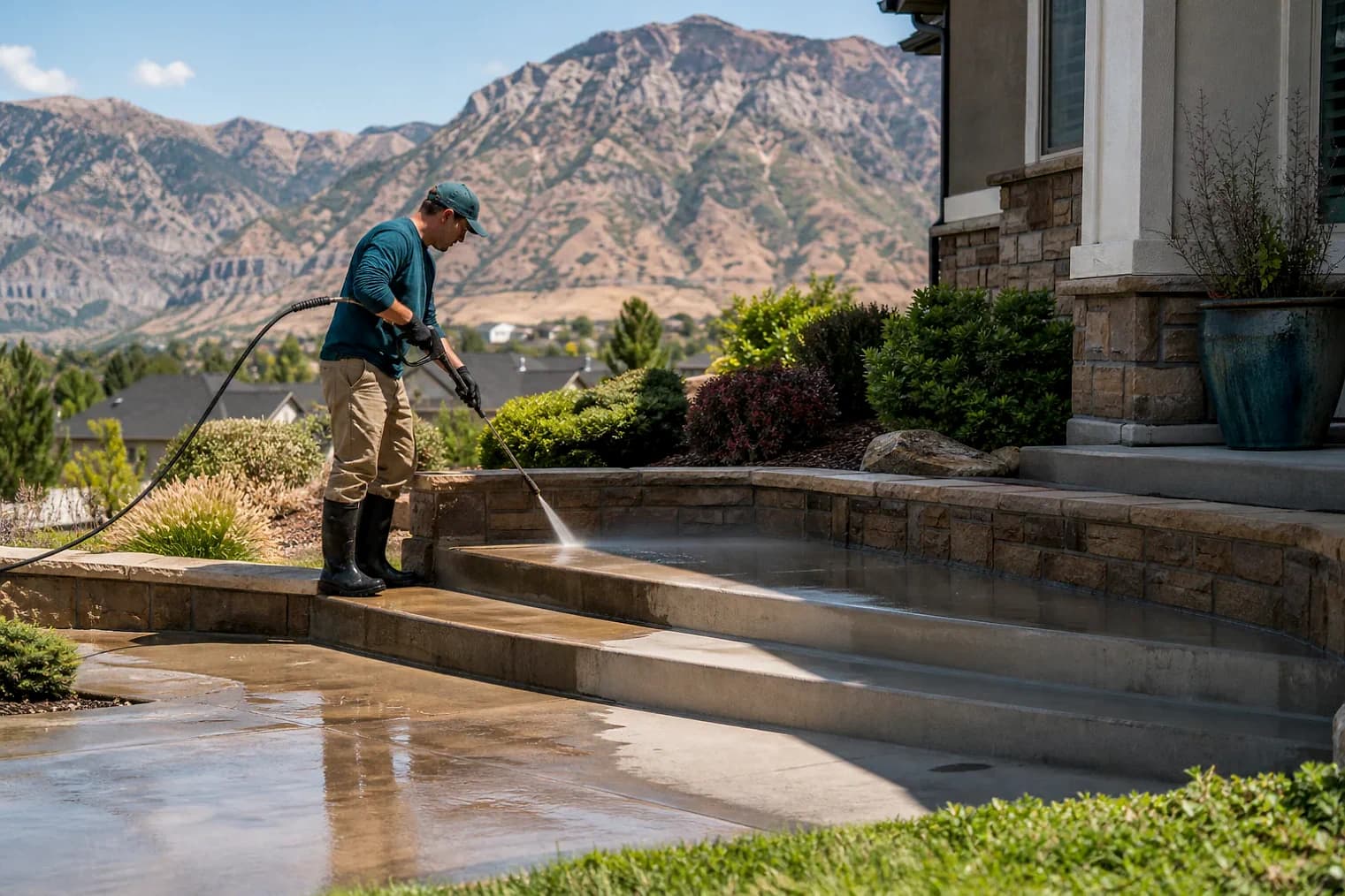 Exterior-cleaning scene inspired by Saratoga Springs, Utah, with characteristic the Wasatch Front landscape