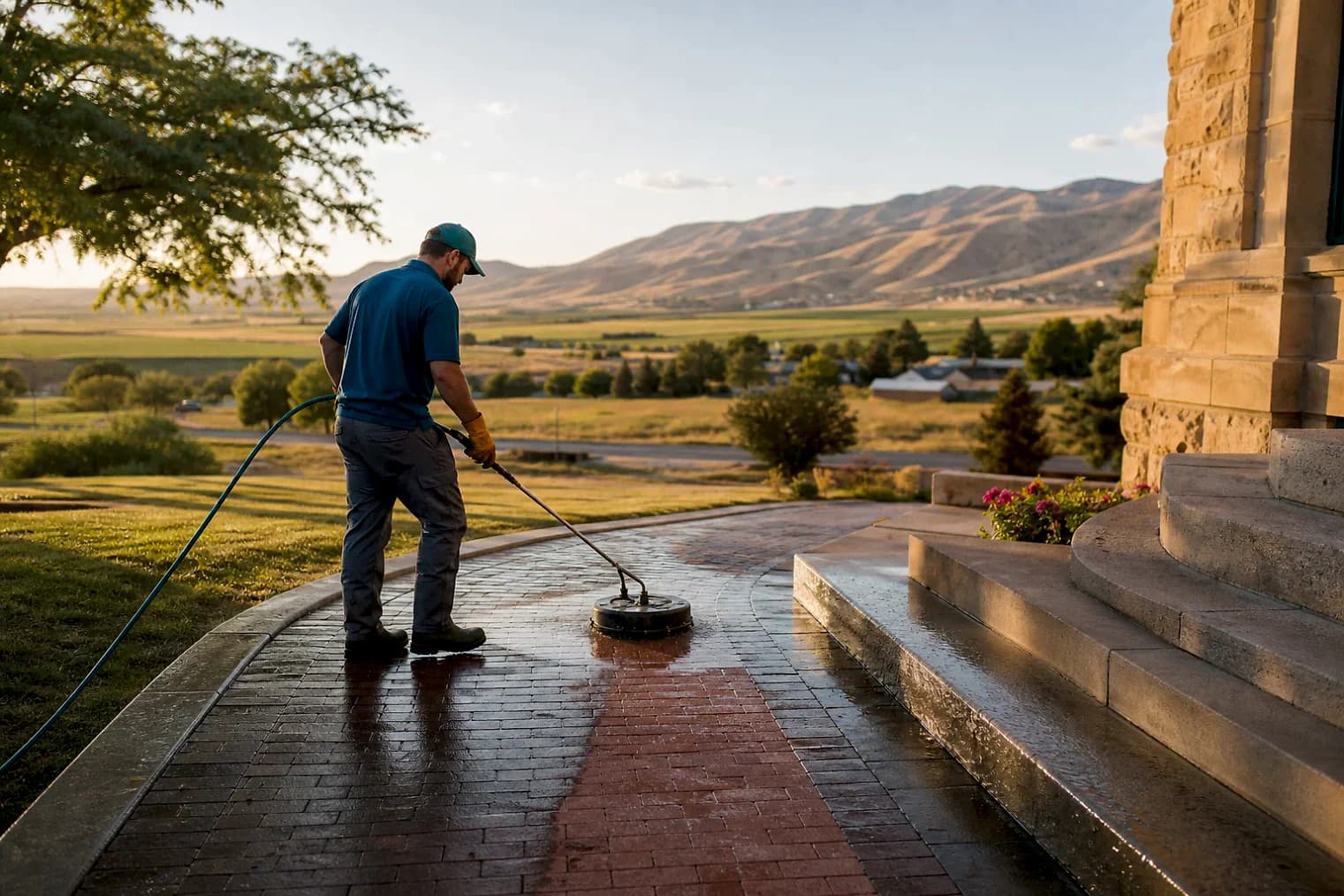 Exterior-cleaning scene inspired by Scipio, Utah, with characteristic central Utah landscape