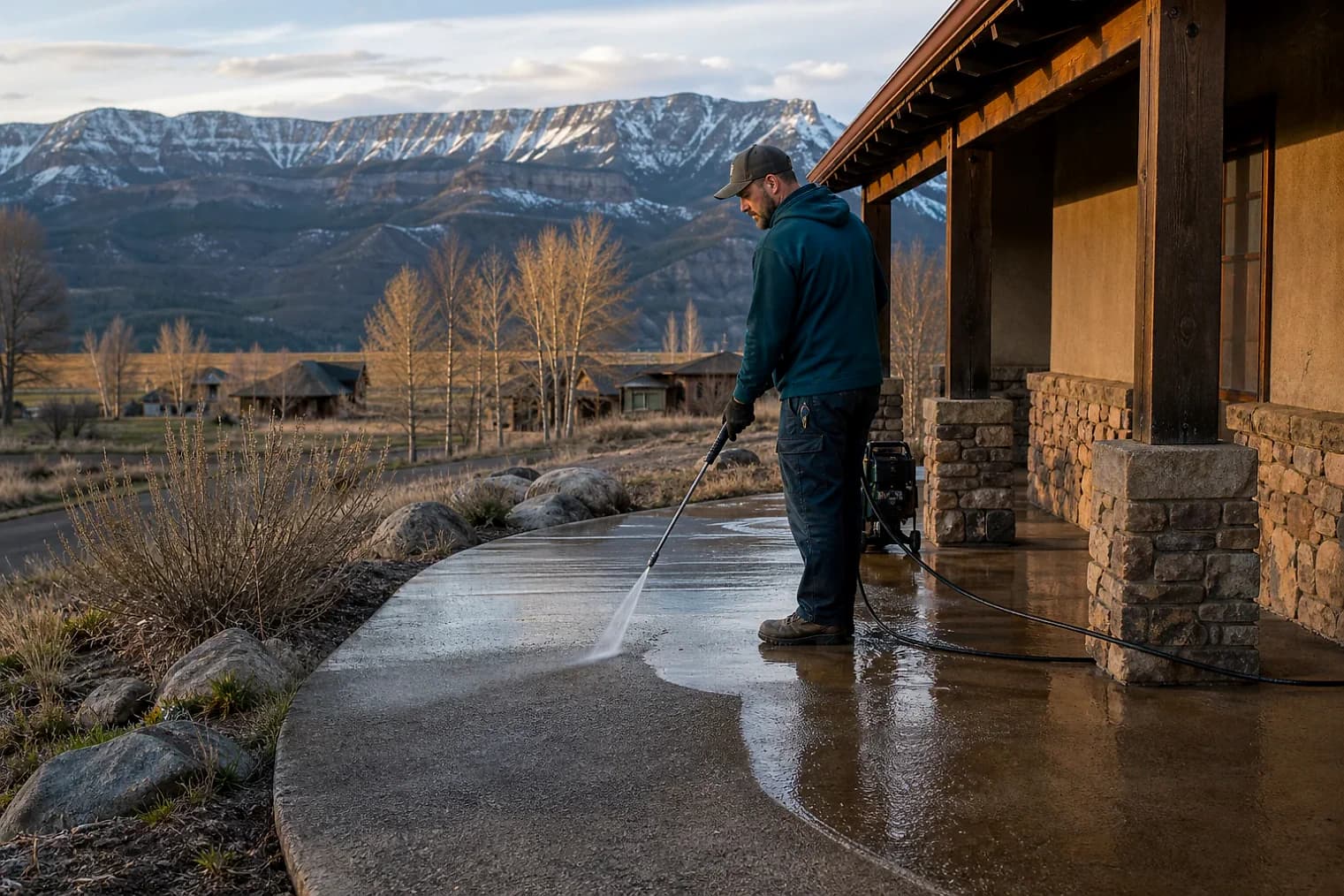 Exterior-cleaning scene inspired by Scofield, Utah, with characteristic Utah's mountain valleys landscape