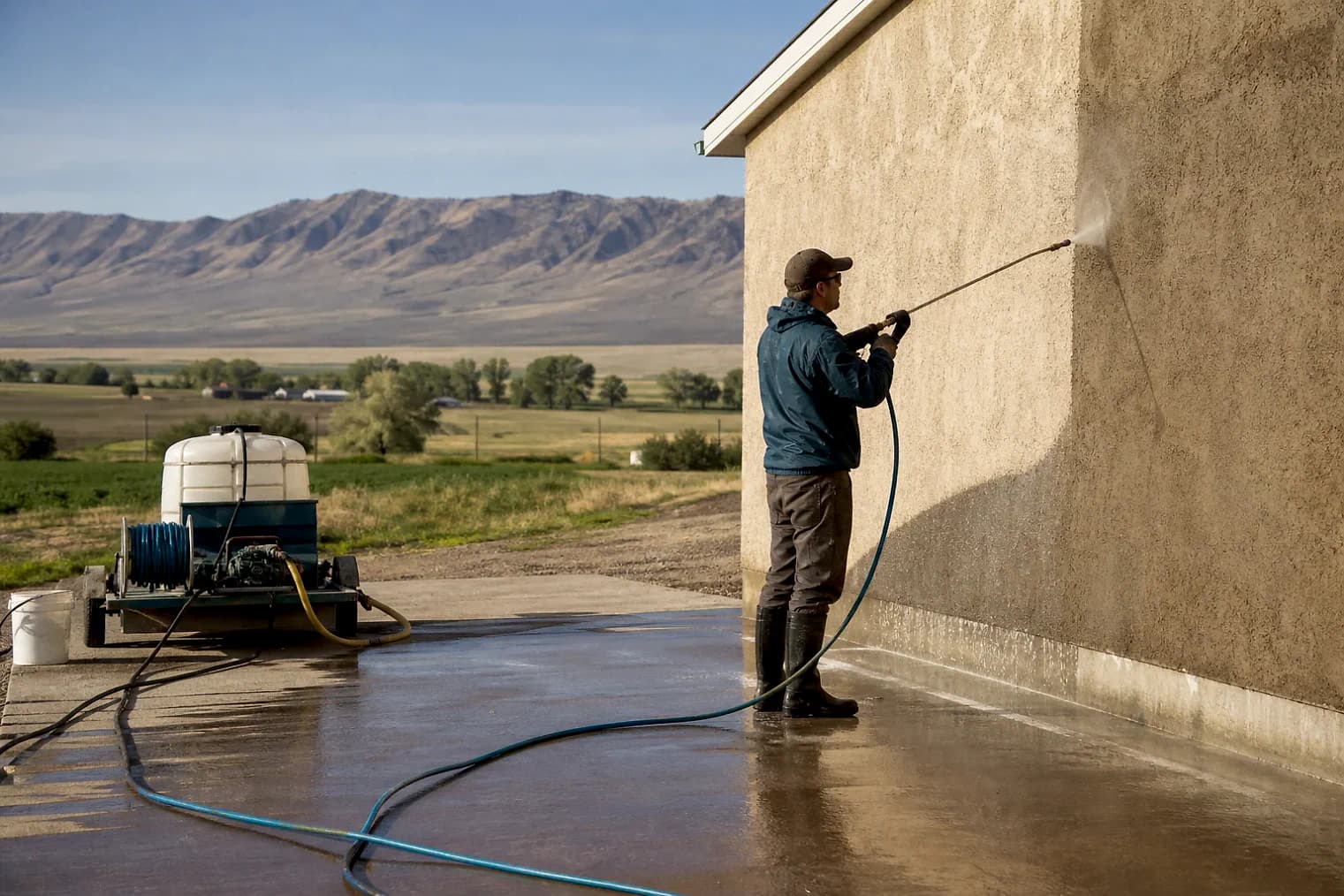 Exterior-cleaning scene inspired by Sigurd, Utah, with characteristic central Utah landscape