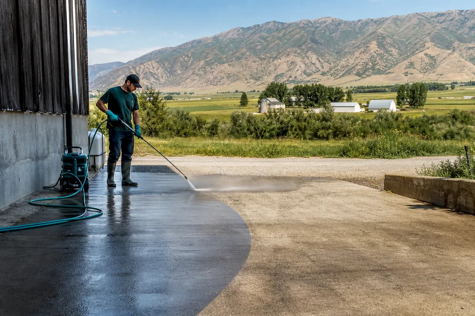 Exterior-cleaning scene inspired by Smithfield, Utah, with characteristic Cache Valley and far northern Utah landscape
