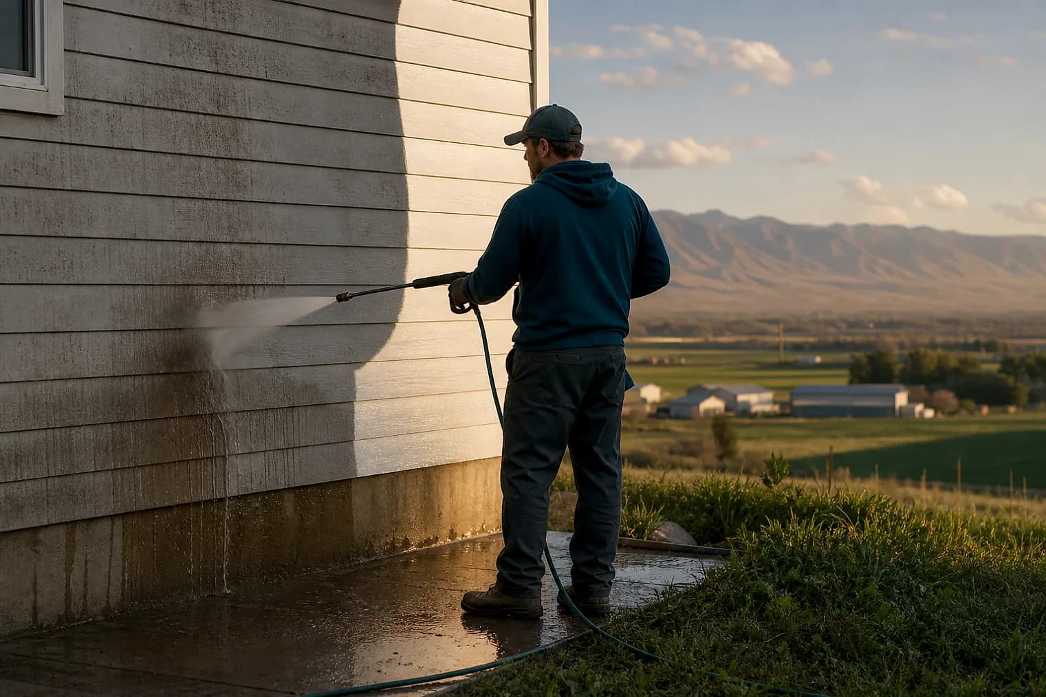 Exterior-cleaning scene inspired by Snowville, Utah, with characteristic Cache Valley and far northern Utah landscape