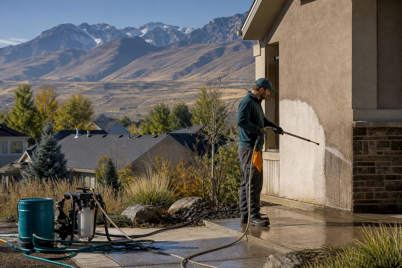 Exterior-cleaning scene inspired by South Jordan, Utah, with characteristic the Wasatch Front landscape