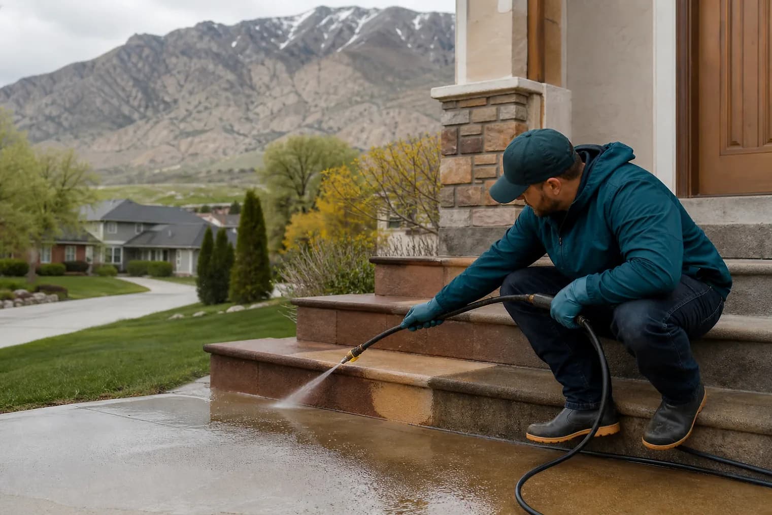 Exterior-cleaning scene inspired by South Ogden, Utah, with characteristic the Wasatch Front landscape