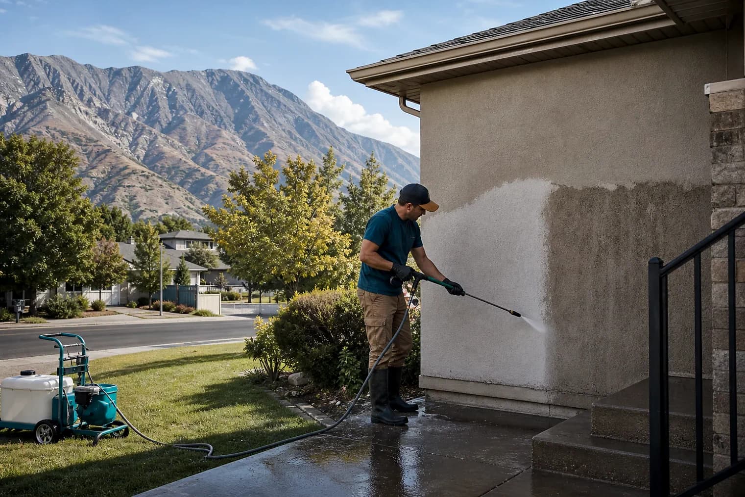 Exterior-cleaning scene inspired by South Salt Lake, Utah, with characteristic the Wasatch Front landscape