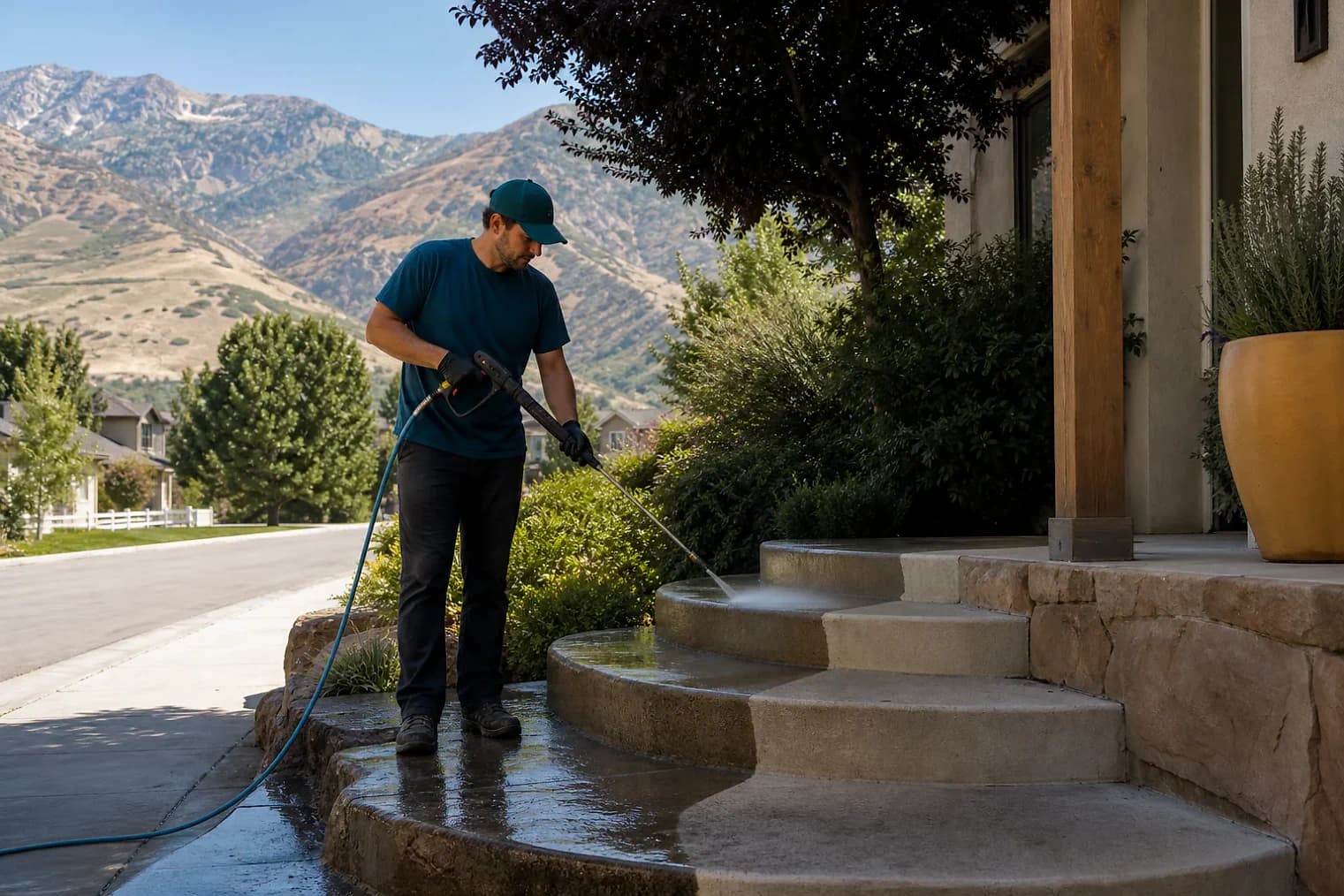 Exterior-cleaning scene inspired by South Weber, Utah, with characteristic the Wasatch Front landscape