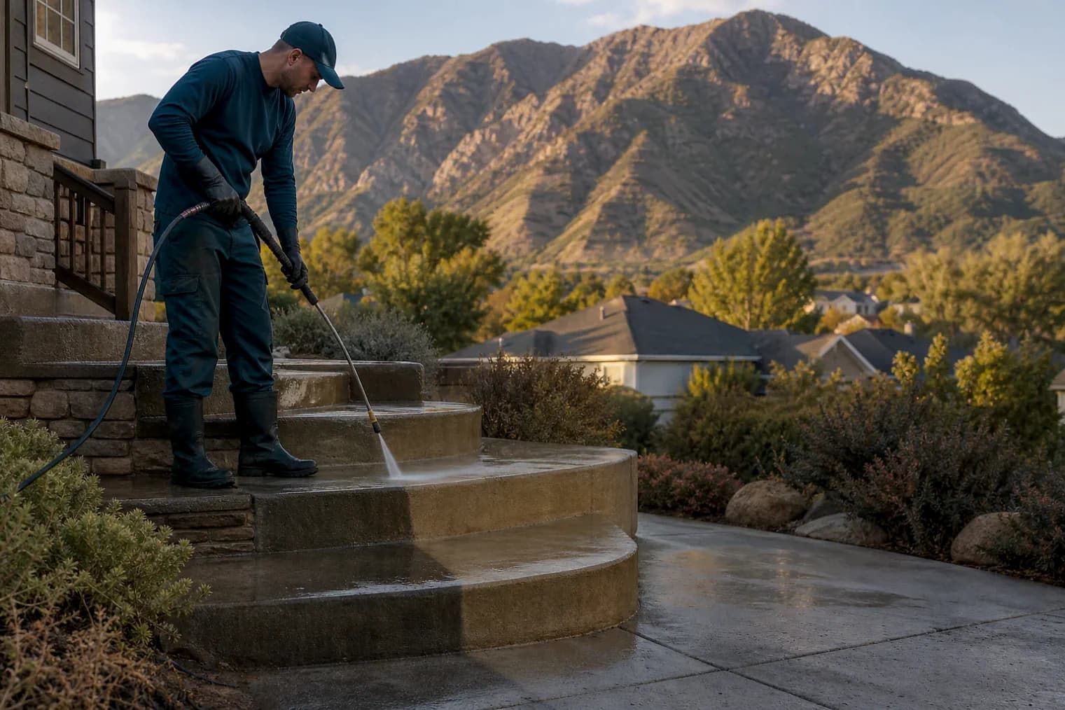 Exterior-cleaning scene inspired by Spanish Fork, Utah, with characteristic the Wasatch Front landscape
