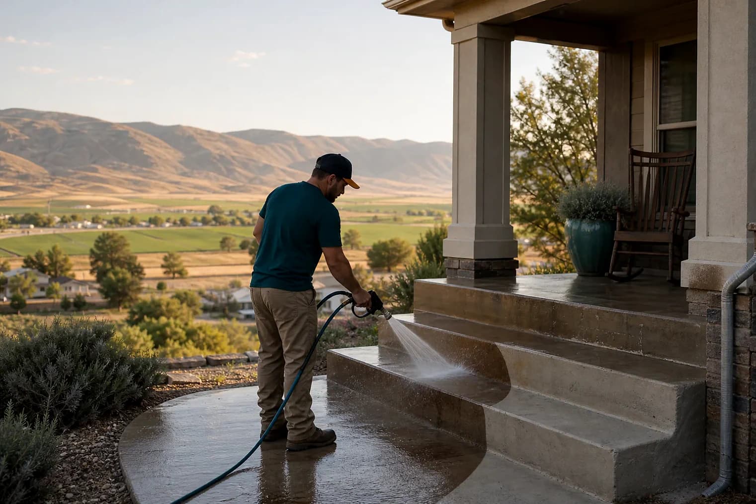 Exterior-cleaning scene inspired by Spring City, Utah, with characteristic central Utah landscape