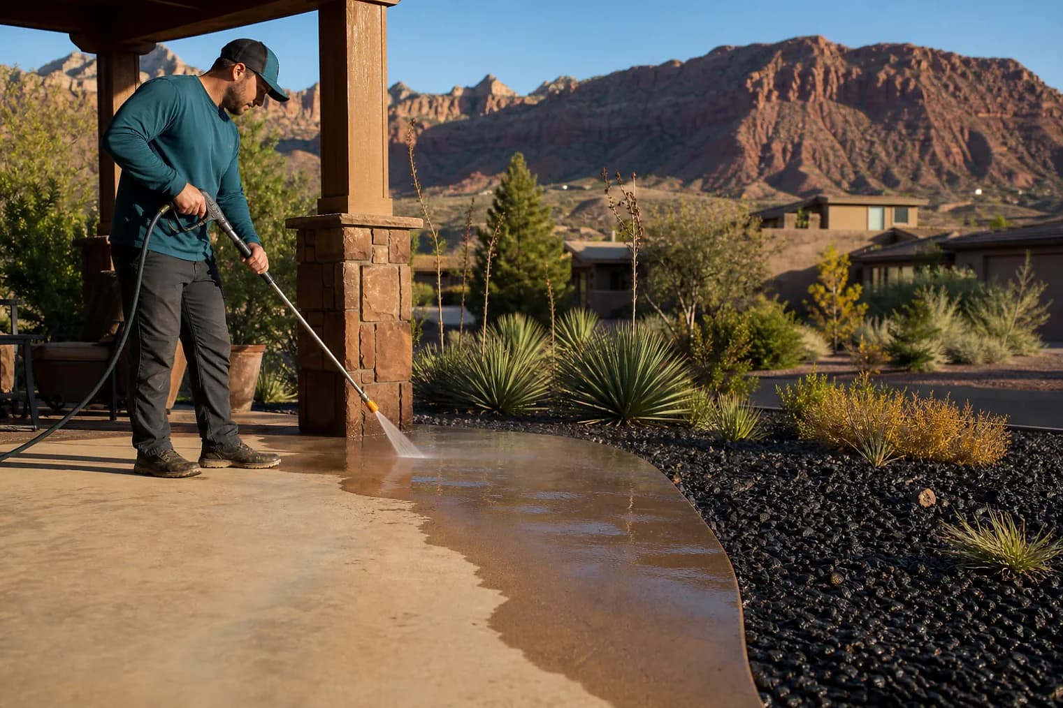 Exterior-cleaning scene inspired by Springdale, Utah, with characteristic southwest Utah landscape