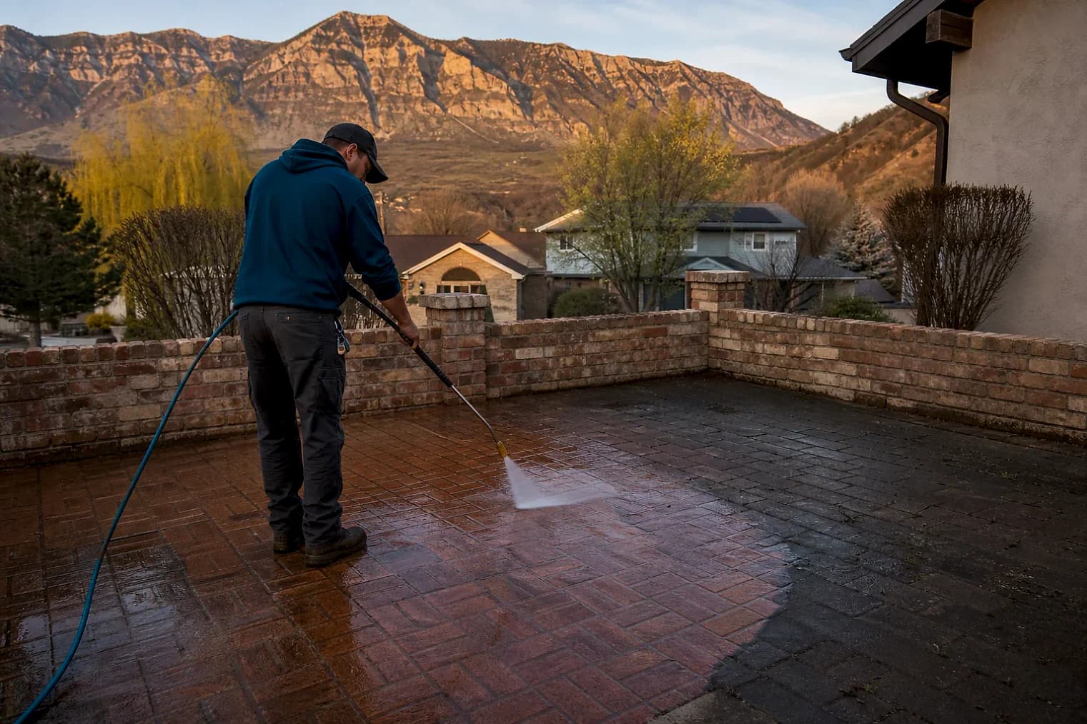 Exterior-cleaning scene inspired by Springville, Utah, with characteristic the Wasatch Front landscape