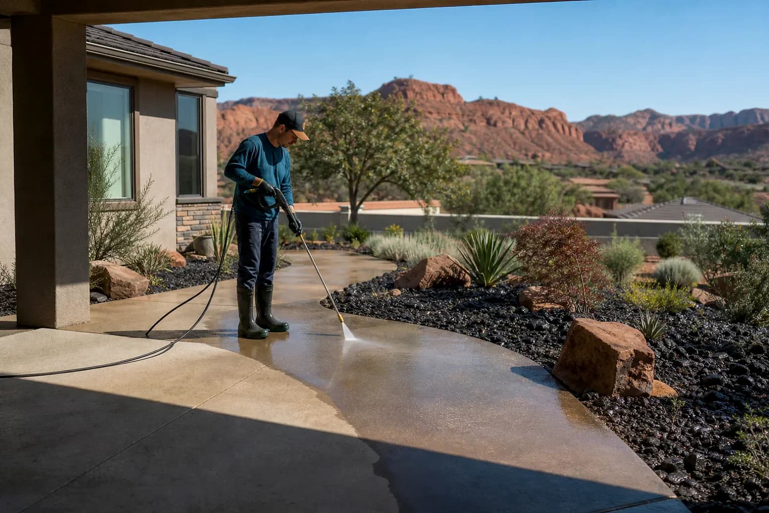 Exterior-cleaning scene inspired by St. George, Utah, with characteristic southwest Utah landscape