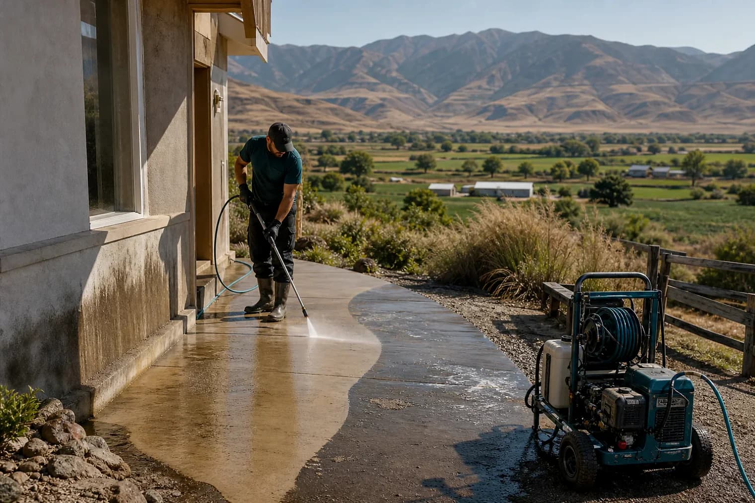 Exterior-cleaning scene inspired by Sterling, Utah, with characteristic central Utah landscape