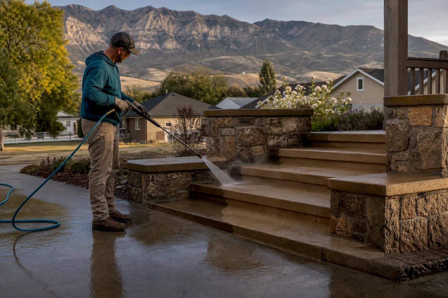 Exterior-cleaning scene inspired by Stockton, Utah, with characteristic the Wasatch Front landscape