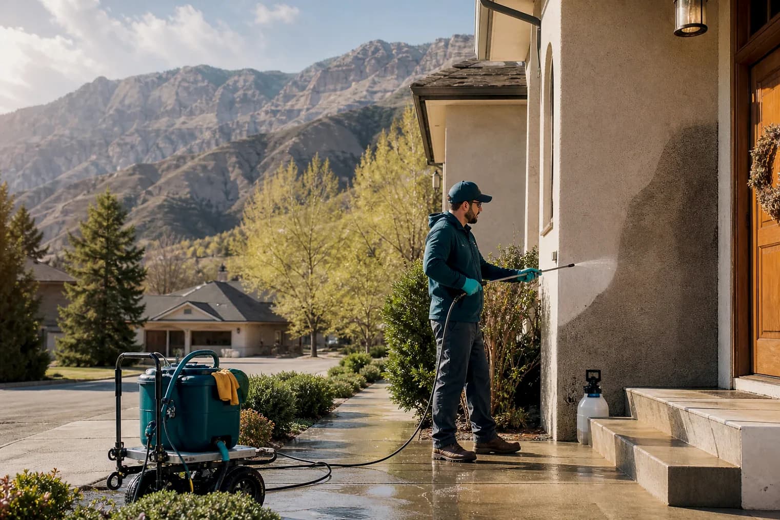 Exterior-cleaning scene inspired by Sunset, Utah, with characteristic the Wasatch Front landscape