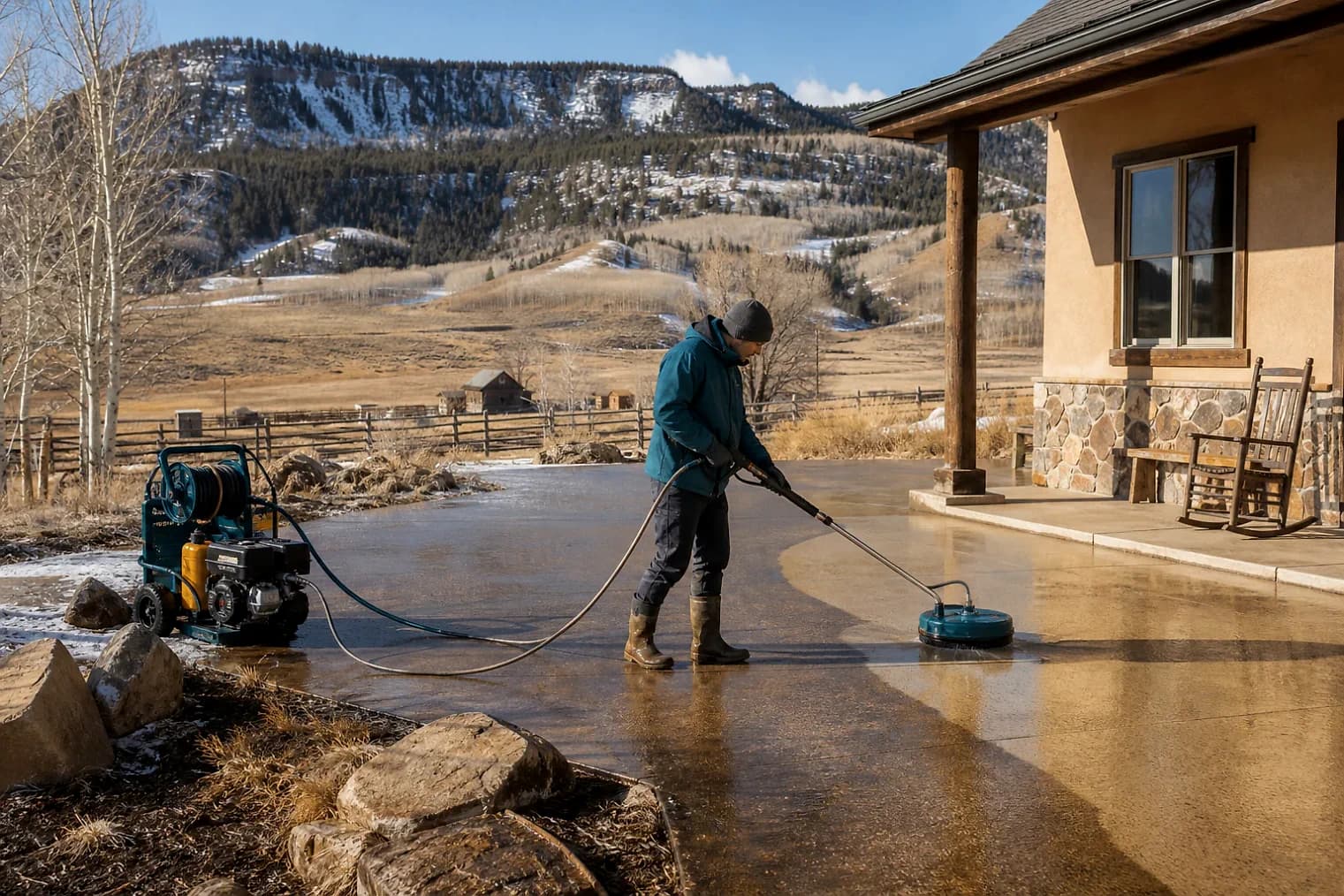 Exterior-cleaning scene inspired by Tabiona, Utah, with characteristic Utah's mountain valleys landscape
