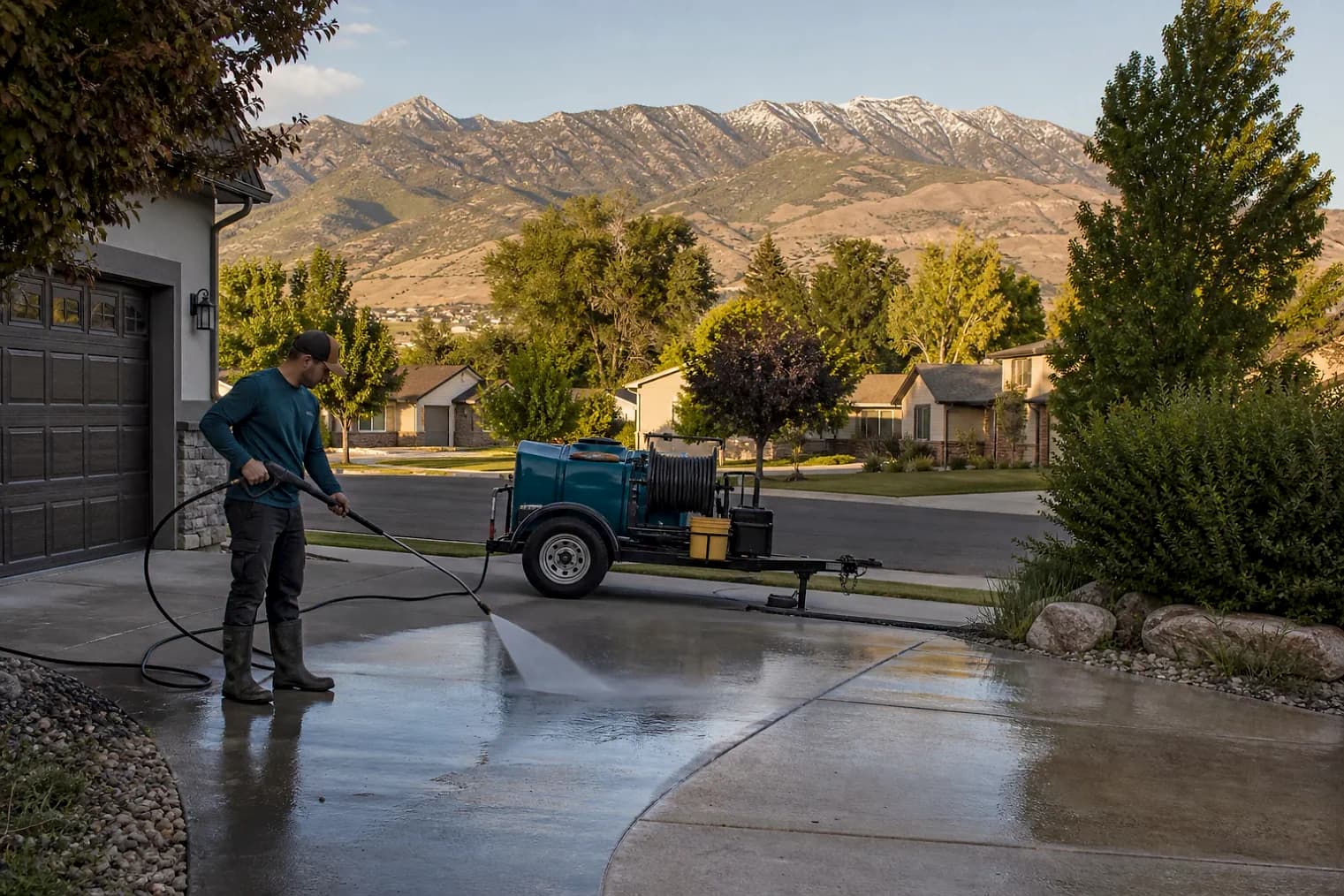 Exterior-cleaning scene inspired by Taylorsville, Utah, with characteristic the Wasatch Front landscape