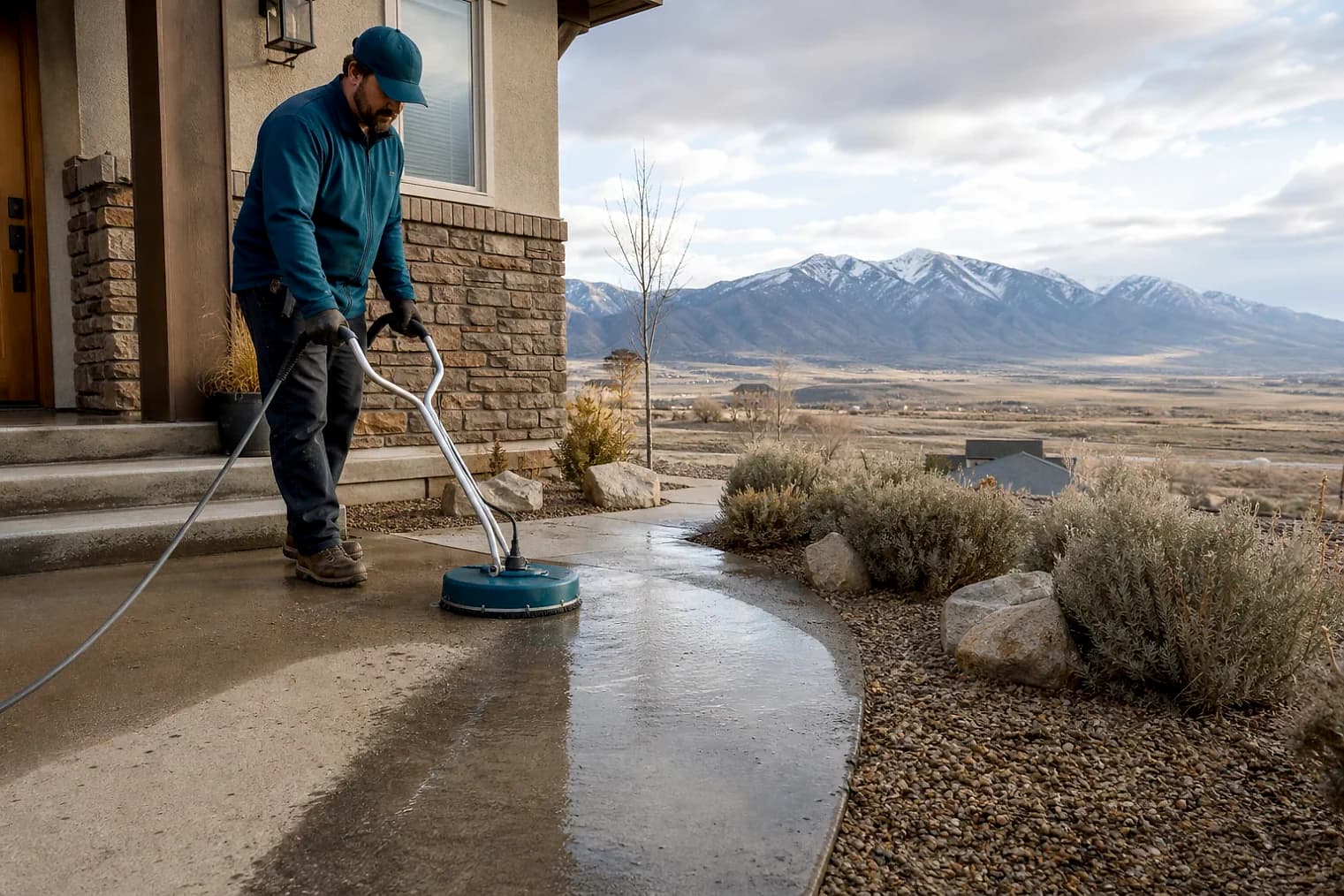 Exterior-cleaning scene inspired by Tooele, Utah, with characteristic the Wasatch Front landscape