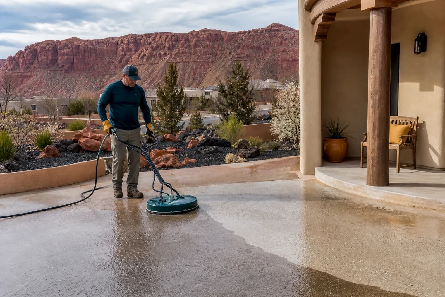Exterior-cleaning scene inspired by Toquerville, Utah, with characteristic southwest Utah landscape