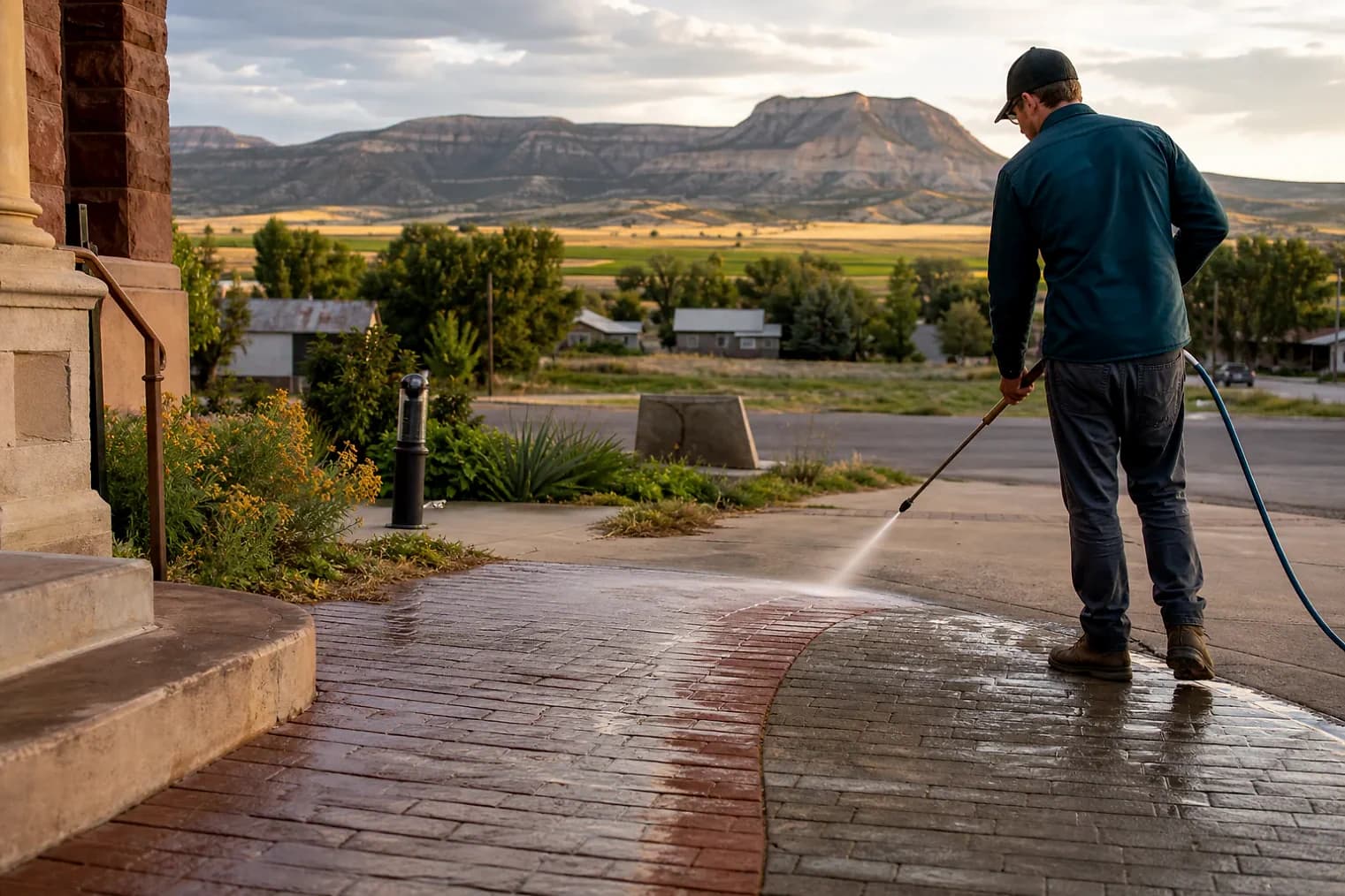 Exterior-cleaning scene inspired by Torrey, Utah, with characteristic central Utah landscape