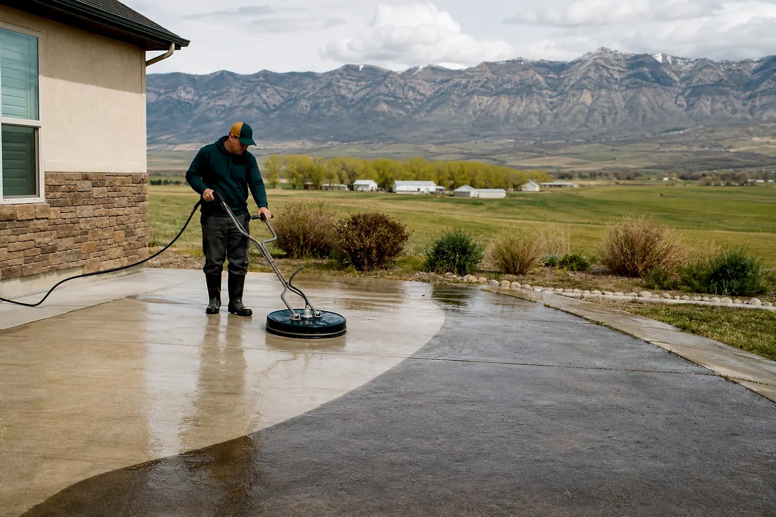 Exterior-cleaning scene inspired by Tremonton, Utah, with characteristic Cache Valley and far northern Utah landscape