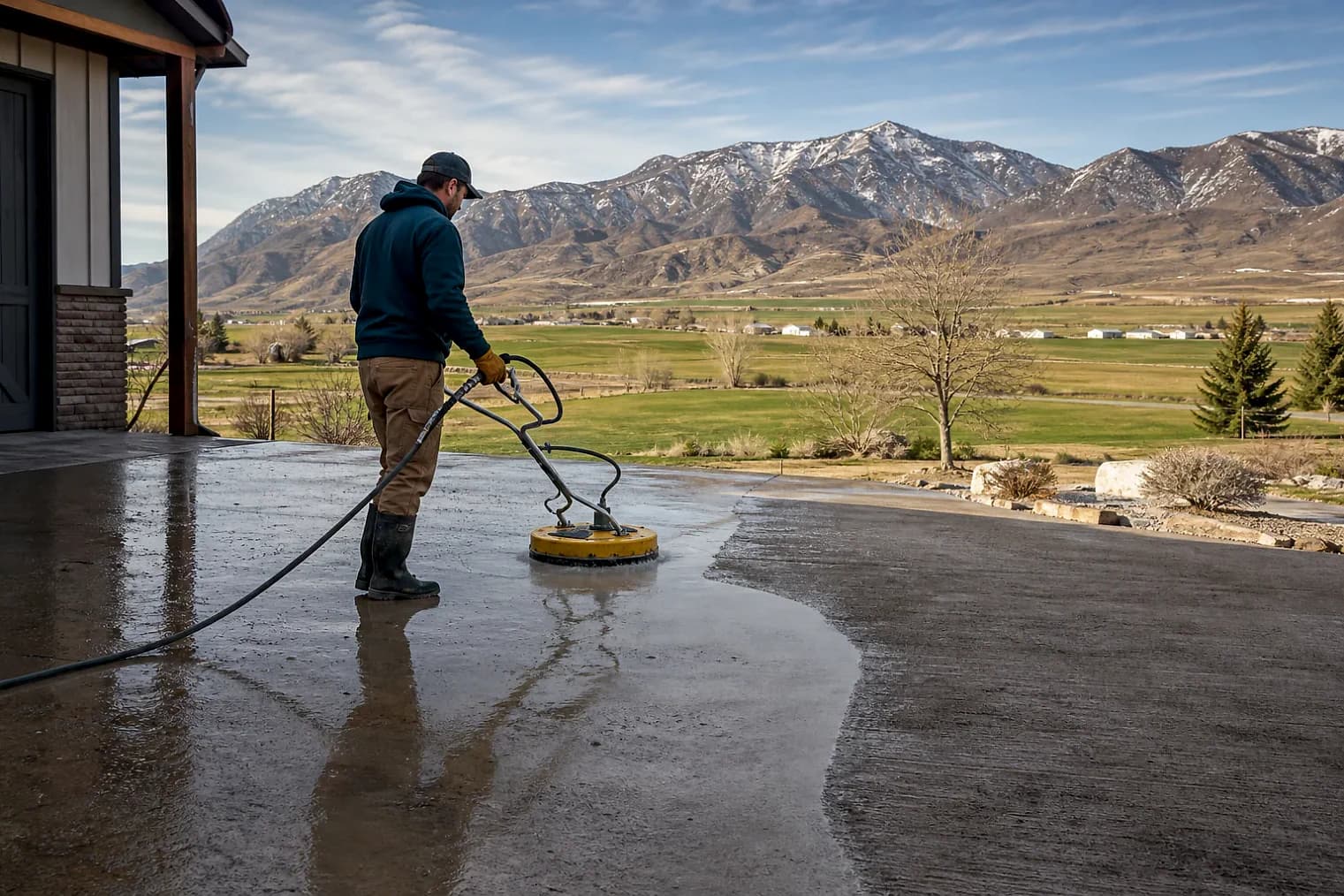 Exterior-cleaning scene inspired by Trenton, Utah, with characteristic Cache Valley and far northern Utah landscape