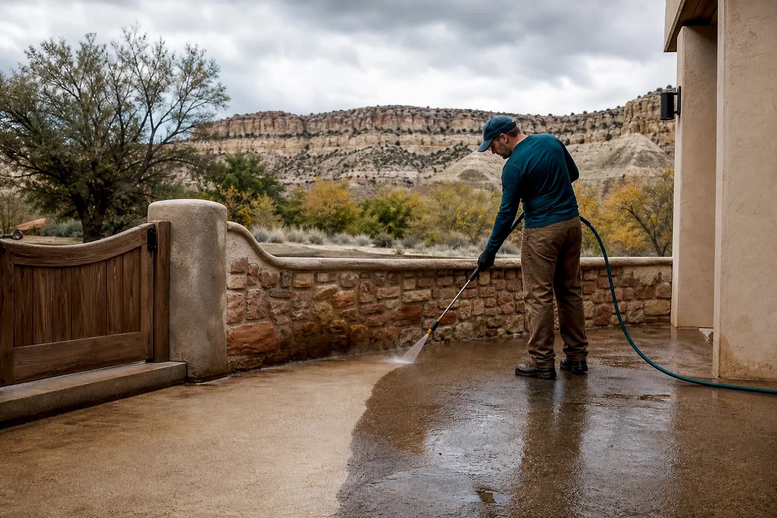 Exterior-cleaning scene inspired by Tropic, Utah, with characteristic Utah's canyon country landscape