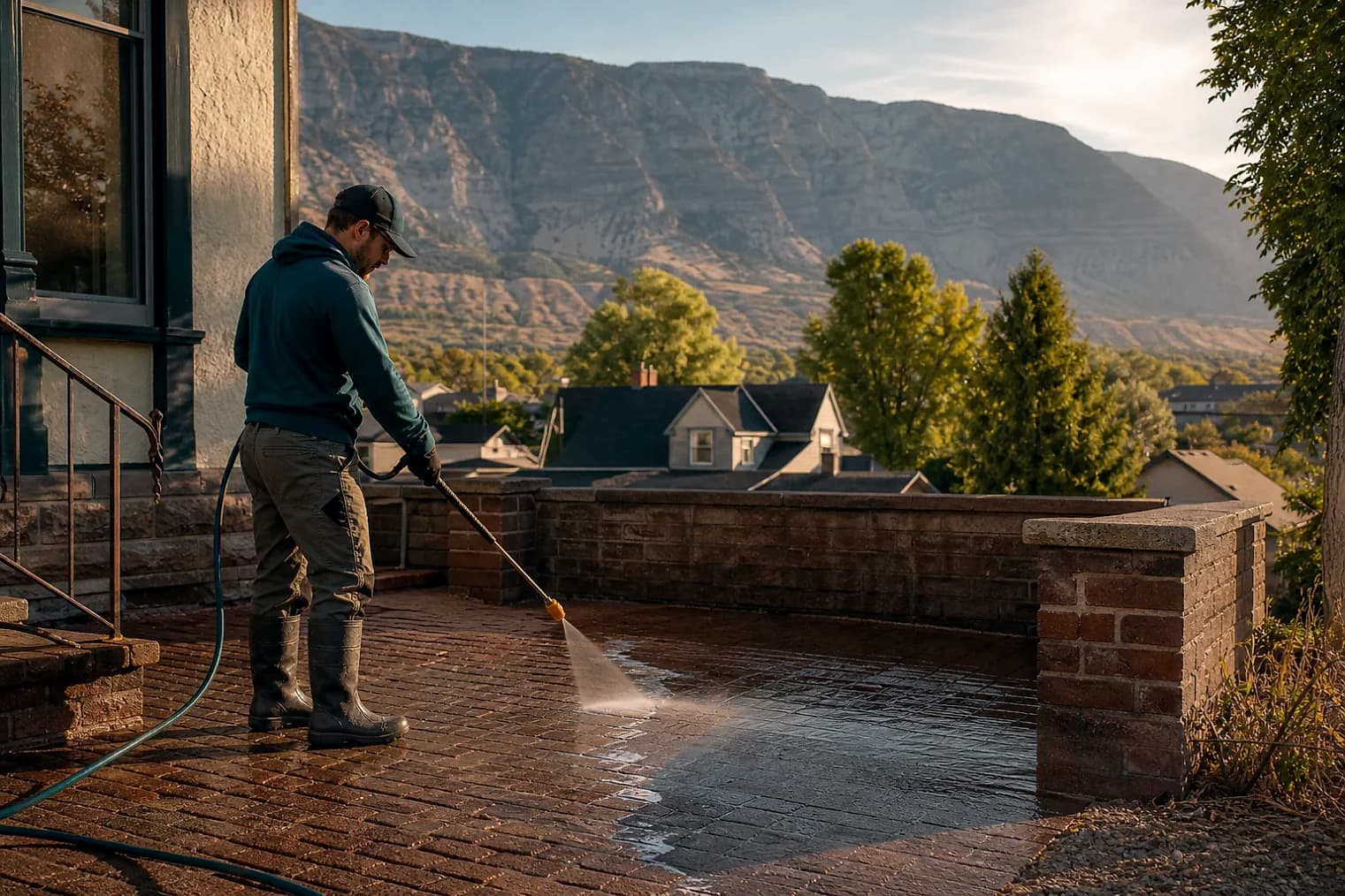 Exterior-cleaning scene inspired by Uintah, Utah, with characteristic the Wasatch Front landscape