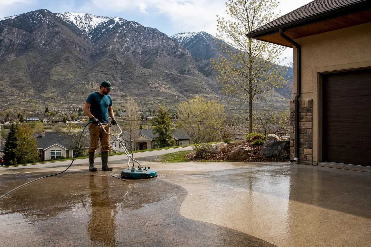 Exterior-cleaning scene inspired by Vernon, Utah, with characteristic the Wasatch Front landscape