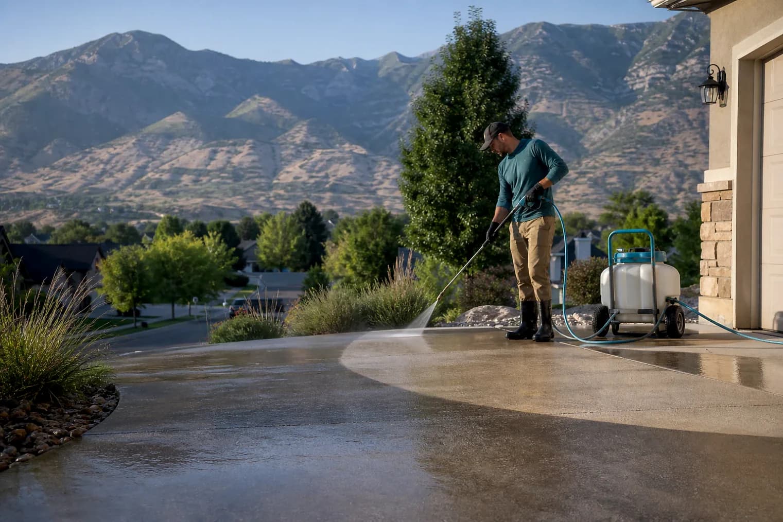 Exterior-cleaning scene inspired by Vineyard, Utah, with characteristic the Wasatch Front landscape