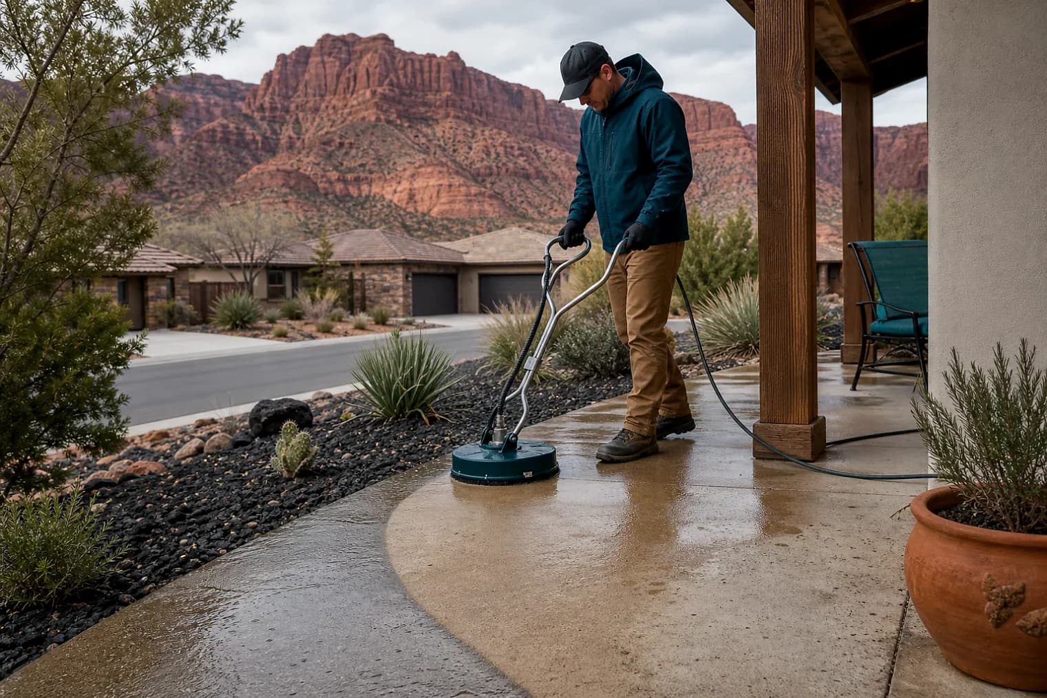 Exterior-cleaning scene inspired by Virgin, Utah, with characteristic southwest Utah landscape