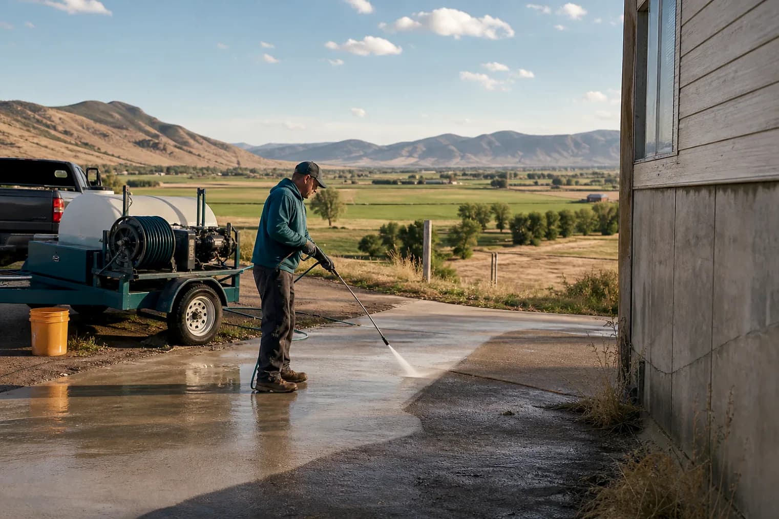 Exterior-cleaning scene inspired by Wales, Utah, with characteristic central Utah landscape