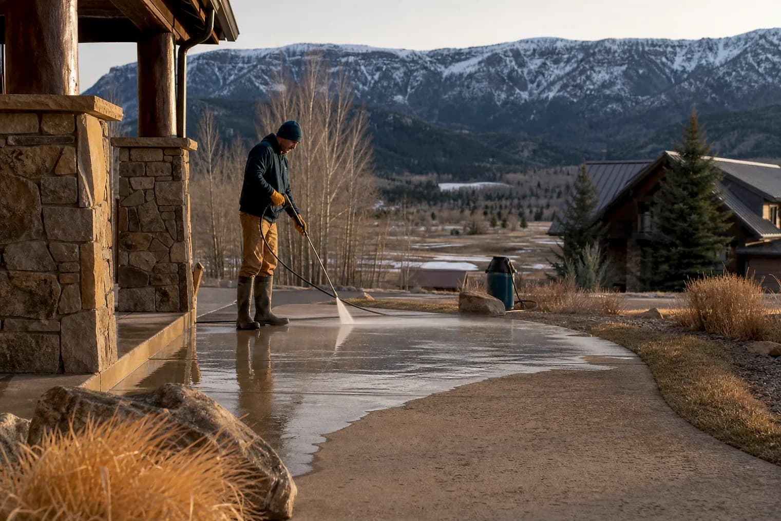 Exterior-cleaning scene inspired by Wallsburg, Utah, with characteristic Utah's mountain valleys landscape