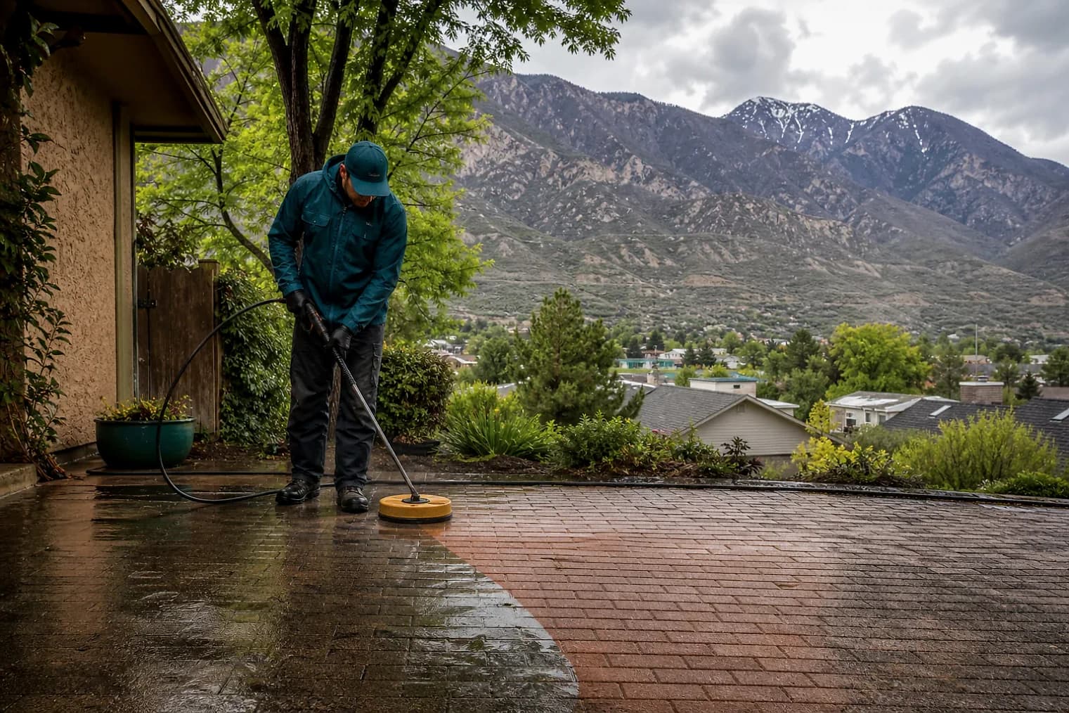 Exterior-cleaning scene inspired by Washington Terrace, Utah, with characteristic the Wasatch Front landscape