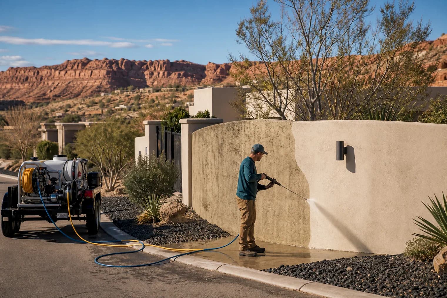 Exterior-cleaning scene inspired by Washington, Utah, with characteristic southwest Utah landscape