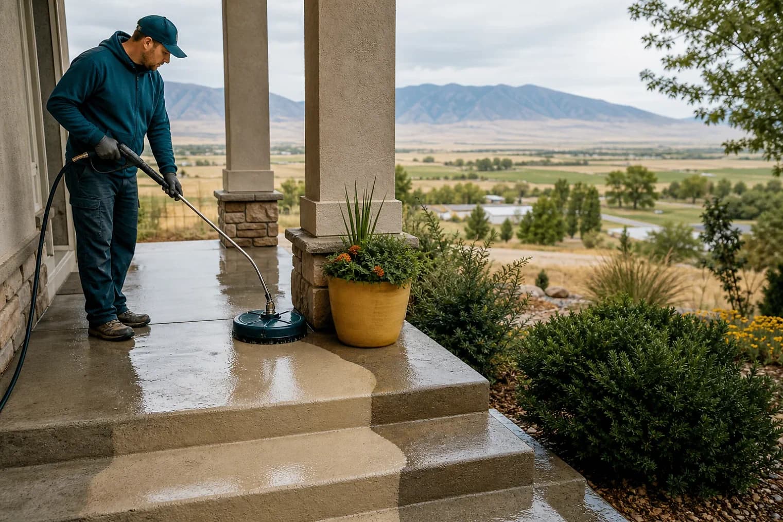Exterior-cleaning scene inspired by Wellington, Utah, with characteristic central Utah landscape