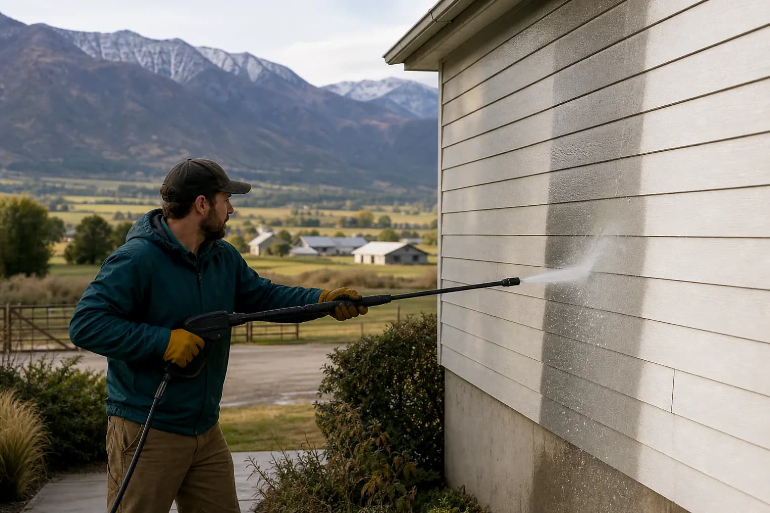 Exterior-cleaning scene inspired by Wellsville, Utah, with characteristic Cache Valley and far northern Utah landscape