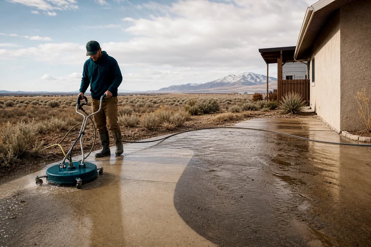Exterior-cleaning scene inspired by Wendover, Utah, with characteristic Utah's west desert landscape