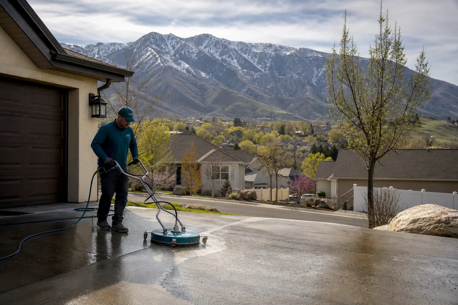 Exterior-cleaning scene inspired by West Bountiful, Utah, with characteristic the Wasatch Front landscape