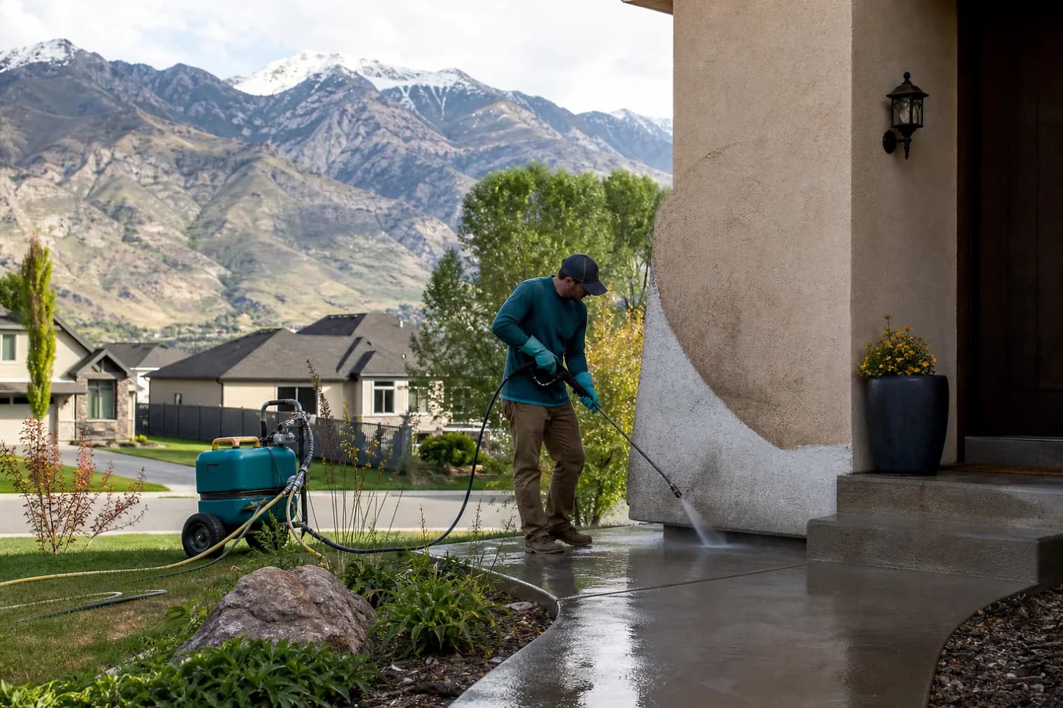 Exterior-cleaning scene inspired by West Haven, Utah, with characteristic the Wasatch Front landscape