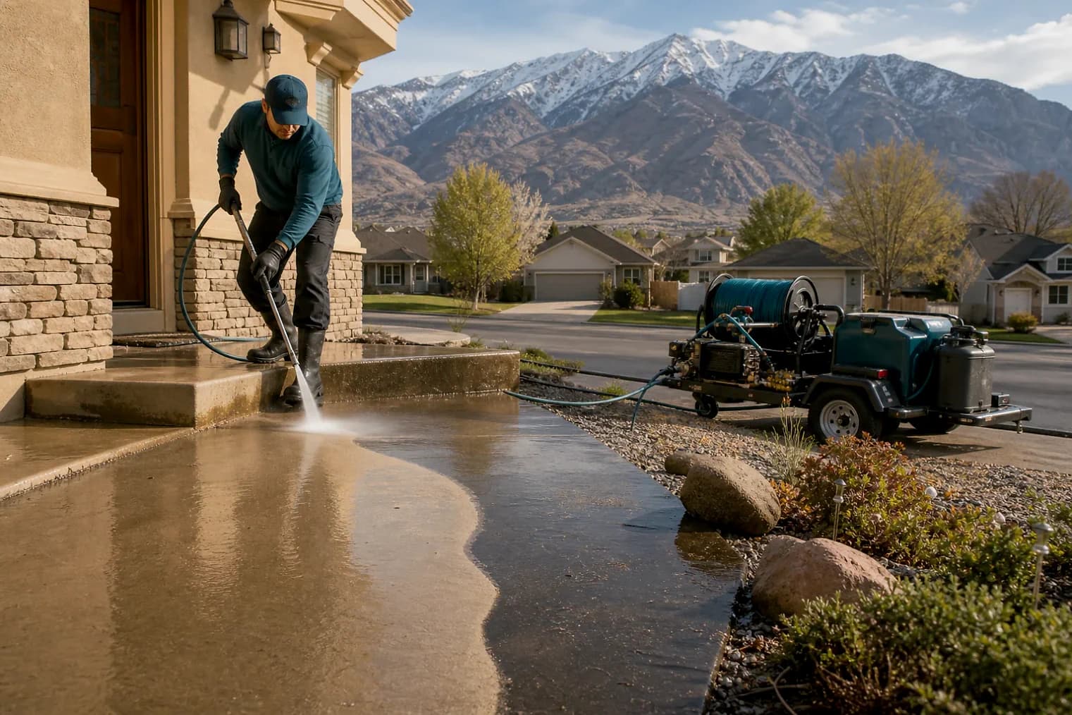 Exterior-cleaning scene inspired by West Jordan, Utah, with characteristic the Wasatch Front landscape