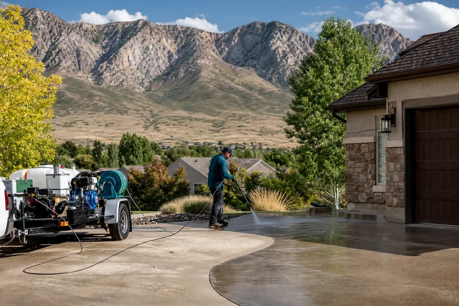 Exterior-cleaning scene inspired by West Point, Utah, with characteristic the Wasatch Front landscape