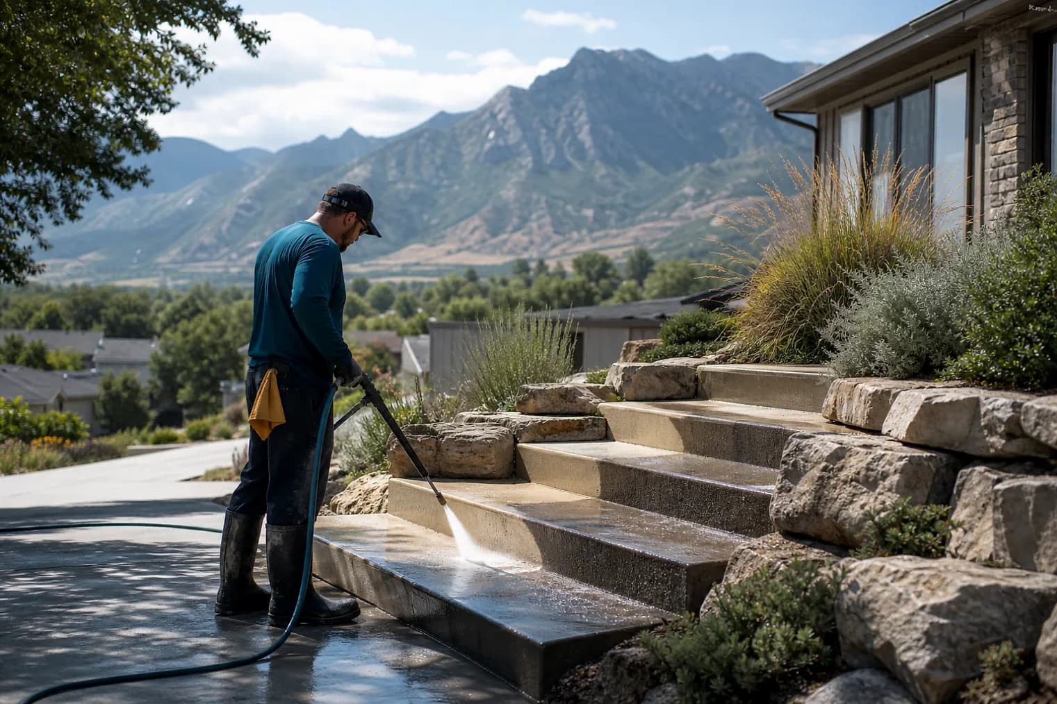 Exterior-cleaning scene inspired by West Valley City, Utah, with characteristic the Wasatch Front landscape