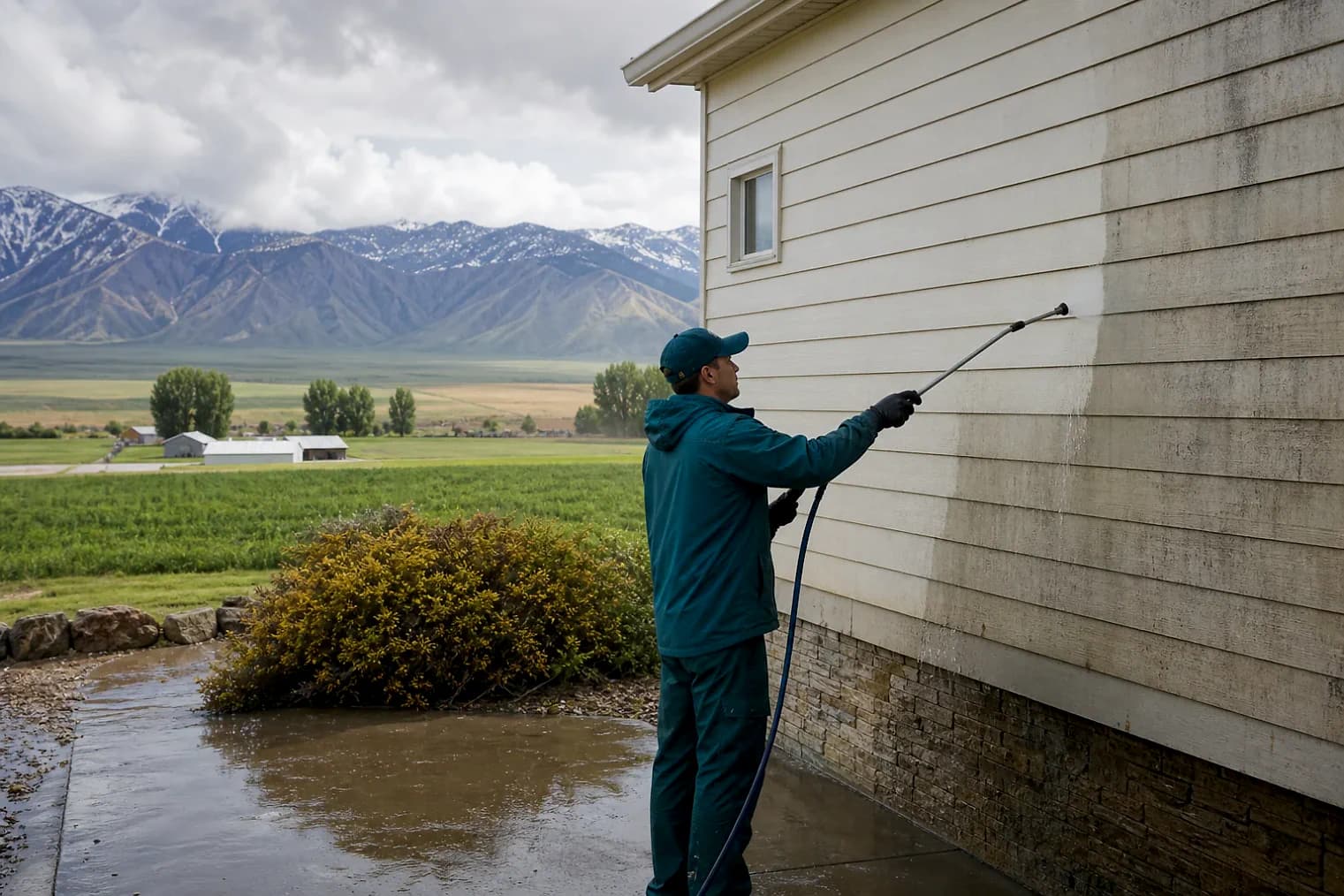 Exterior-cleaning scene inspired by Willard, Utah, with characteristic Cache Valley and far northern Utah landscape