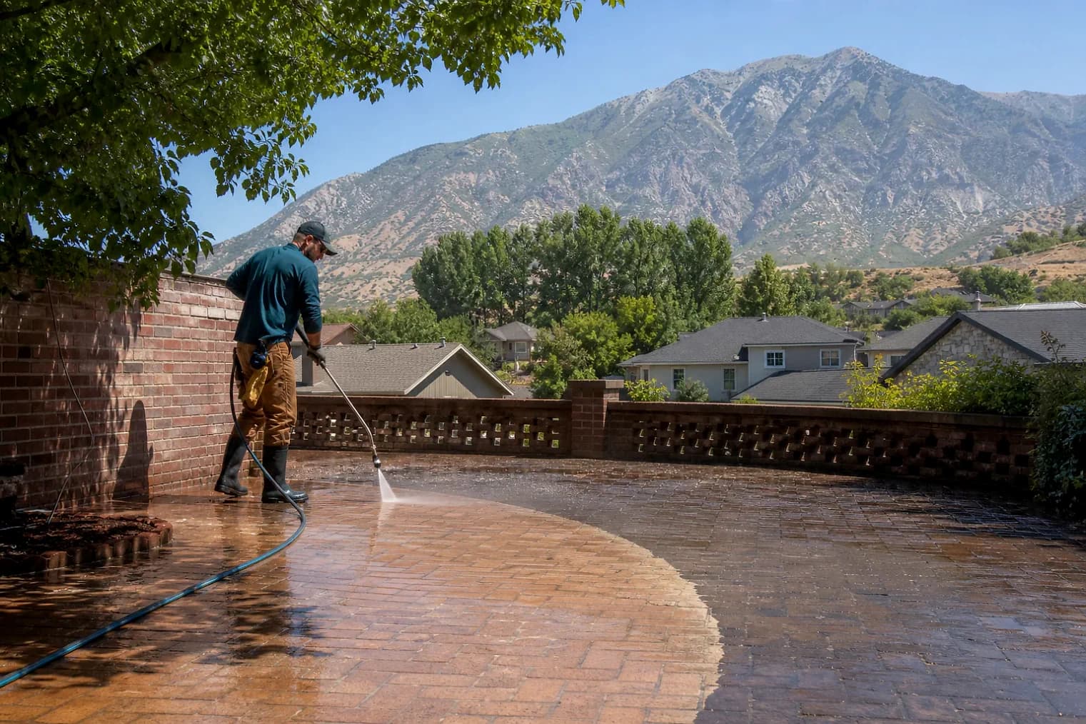 Exterior-cleaning scene inspired by Woodland Hills, Utah, with characteristic the Wasatch Front landscape