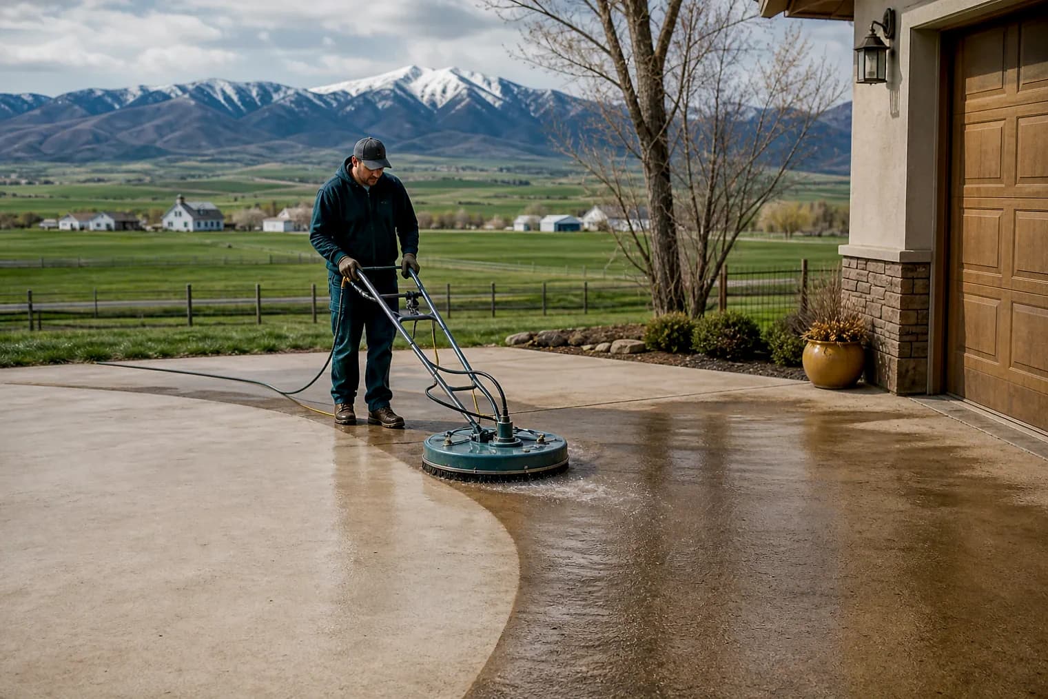 Exterior-cleaning scene inspired by Woodruff, Utah, with characteristic Cache Valley and far northern Utah landscape
