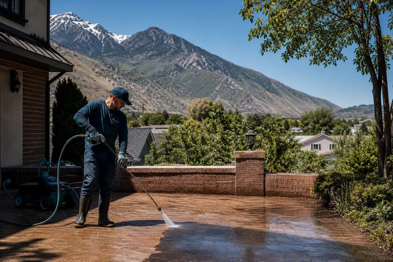 Exterior-cleaning scene inspired by Woods Cross, Utah, with characteristic the Wasatch Front landscape