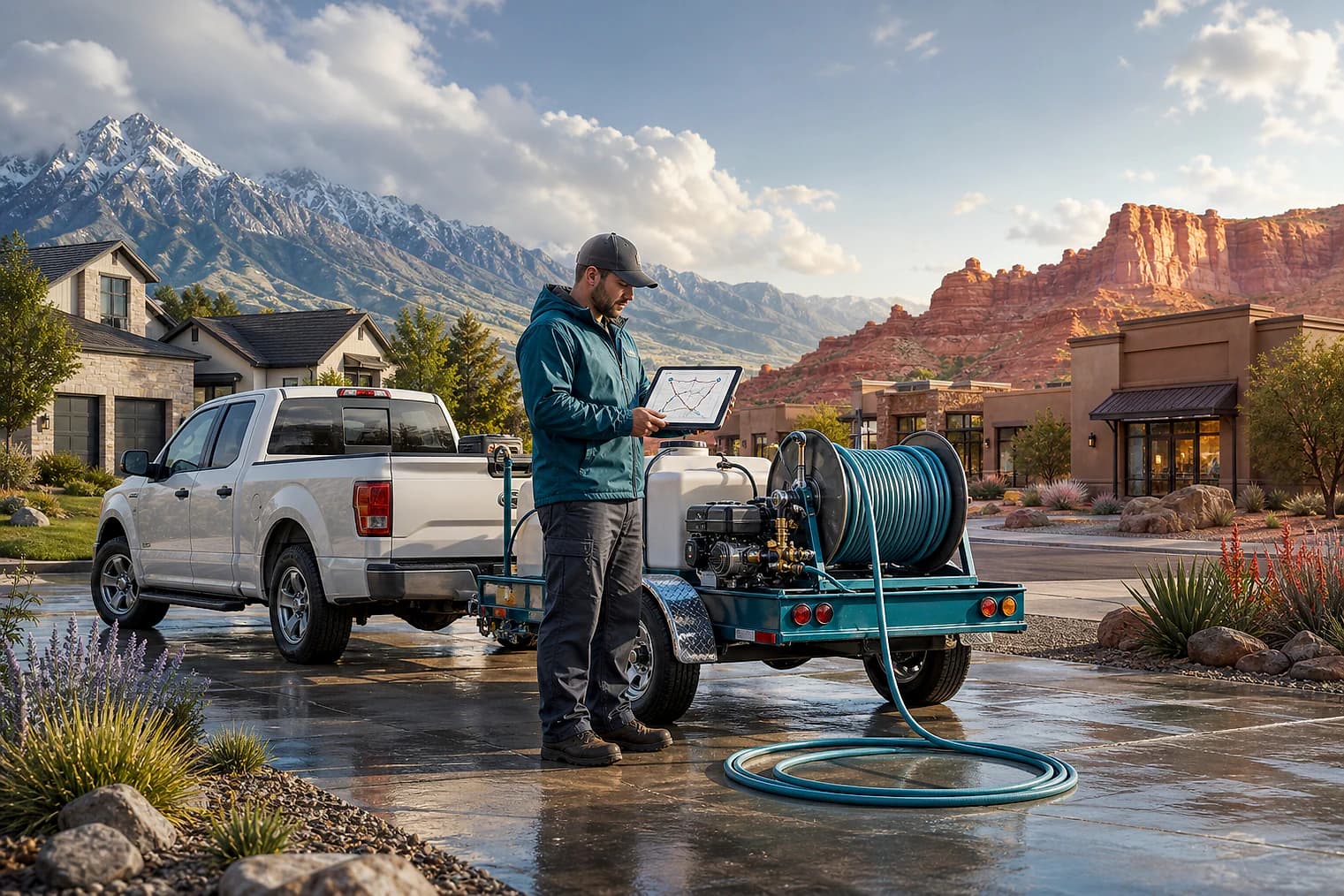 Editorial illustration of a technician reviewing a route beside a pickup and trailer-mounted washing rig