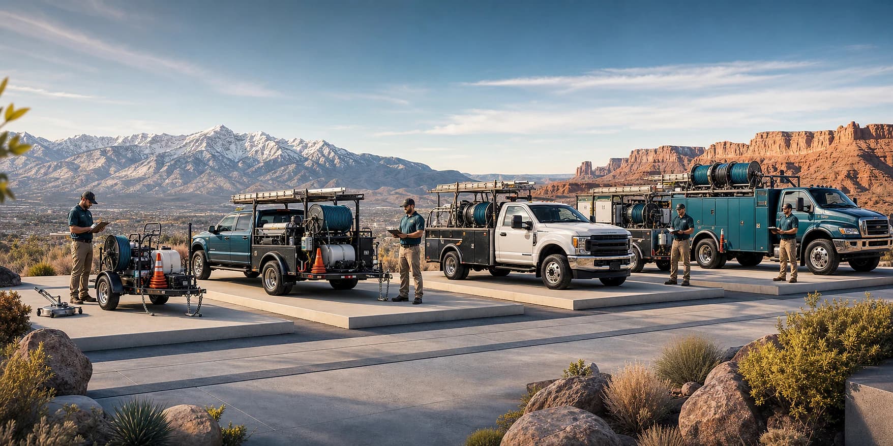 Editorial illustration of four power-washing operations increasing from a one-person trailer to a multi-truck team against Utah mountains and red rock
