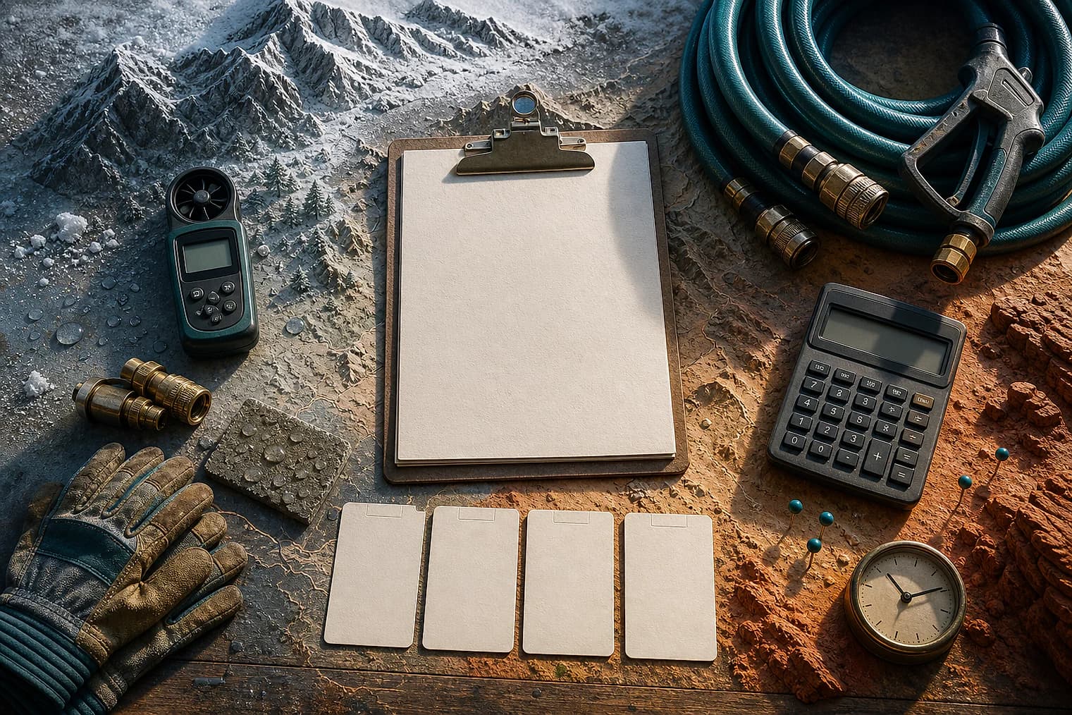 Blank estimate board, weather meter, calculator, pressure-washing hose, and four planning cards arranged between snowy Utah mountains and red-rock terrain